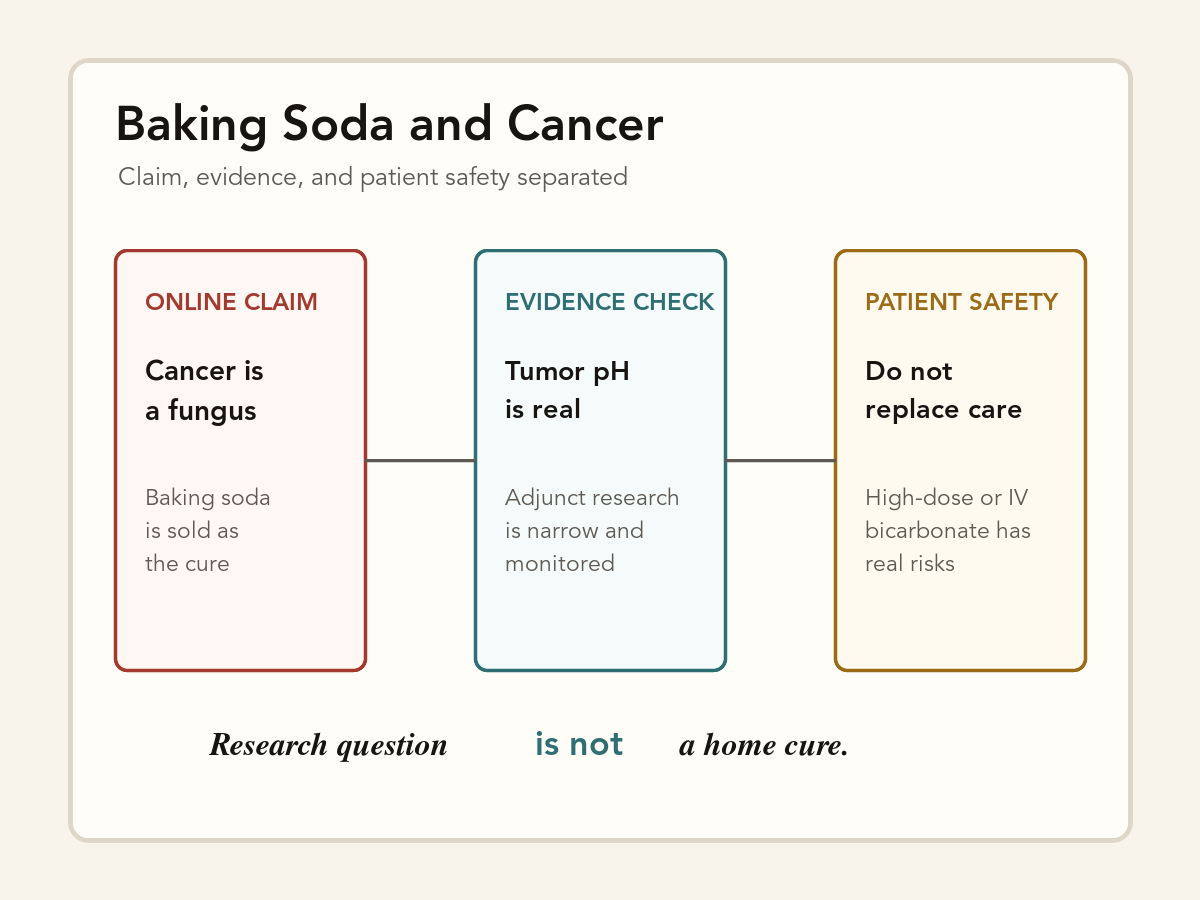 Illustration of a clinical evidence board comparing online claims, tumor pH research, and patient safety warnings
